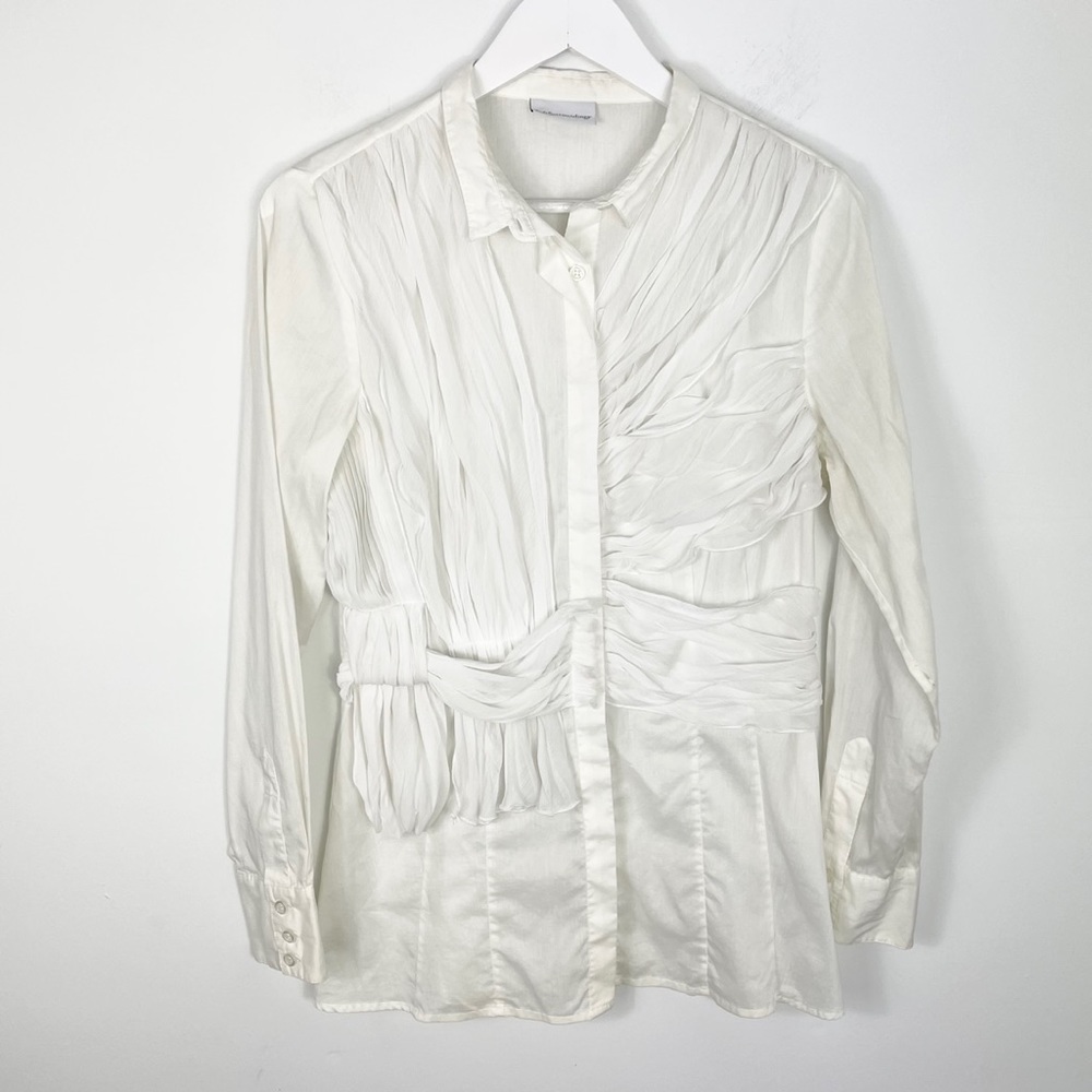 Soft Surroundings Sheer Ruffled White Romantic Button Down Blouse Size M